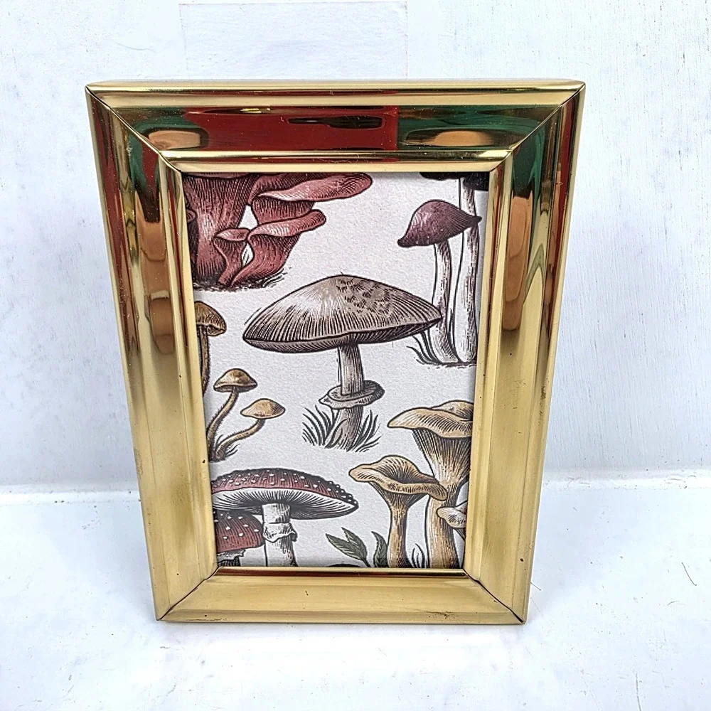 Vtg Brass Frame Mushroom Art Print Velvet Back Glass Front 3.75